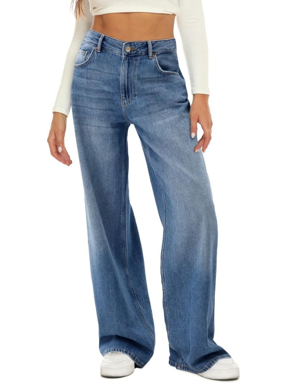 High Waisted Straight Leg Jeans for Women, Loose Stretchy Denim Trousers with